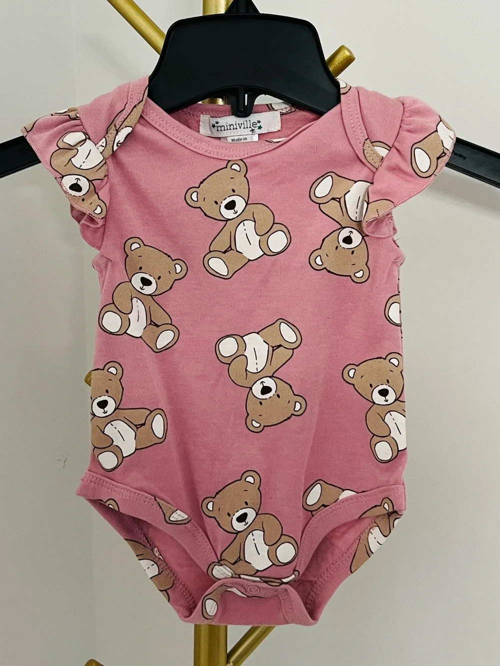 Miniville Pink Teddy Bear Ruffle-Sleeve Baby One-Piece